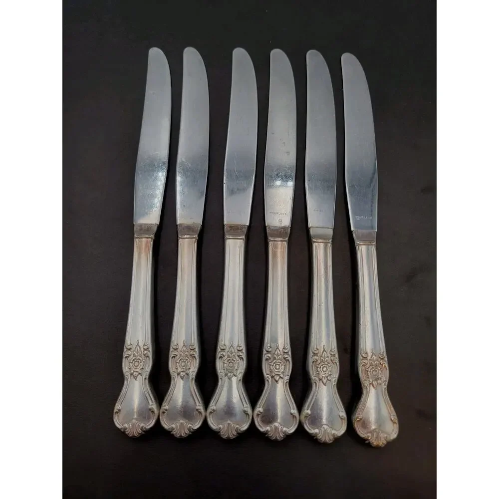 Vtg Old Community Oneida Silver Plate Set of 6 Dinner Knives Rose